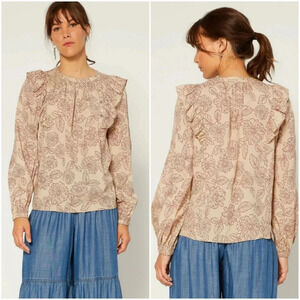 Anthropologie, New Current Air Cream Pink Floral Ruffle Blouse Top Size Large